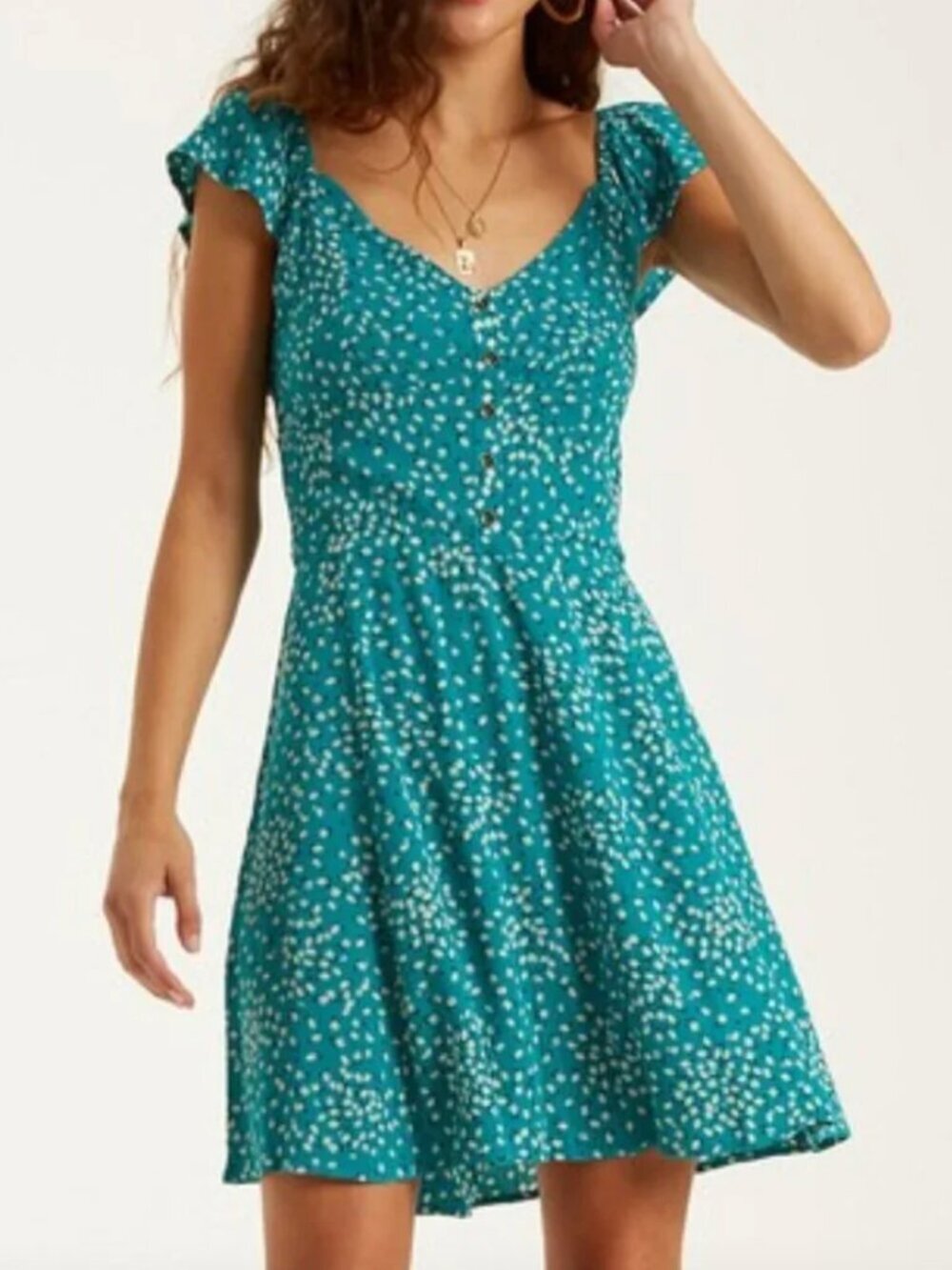 Billabong Beachy Green Floral Mini Dress Ruffle Sleeve Summer Teal Size L